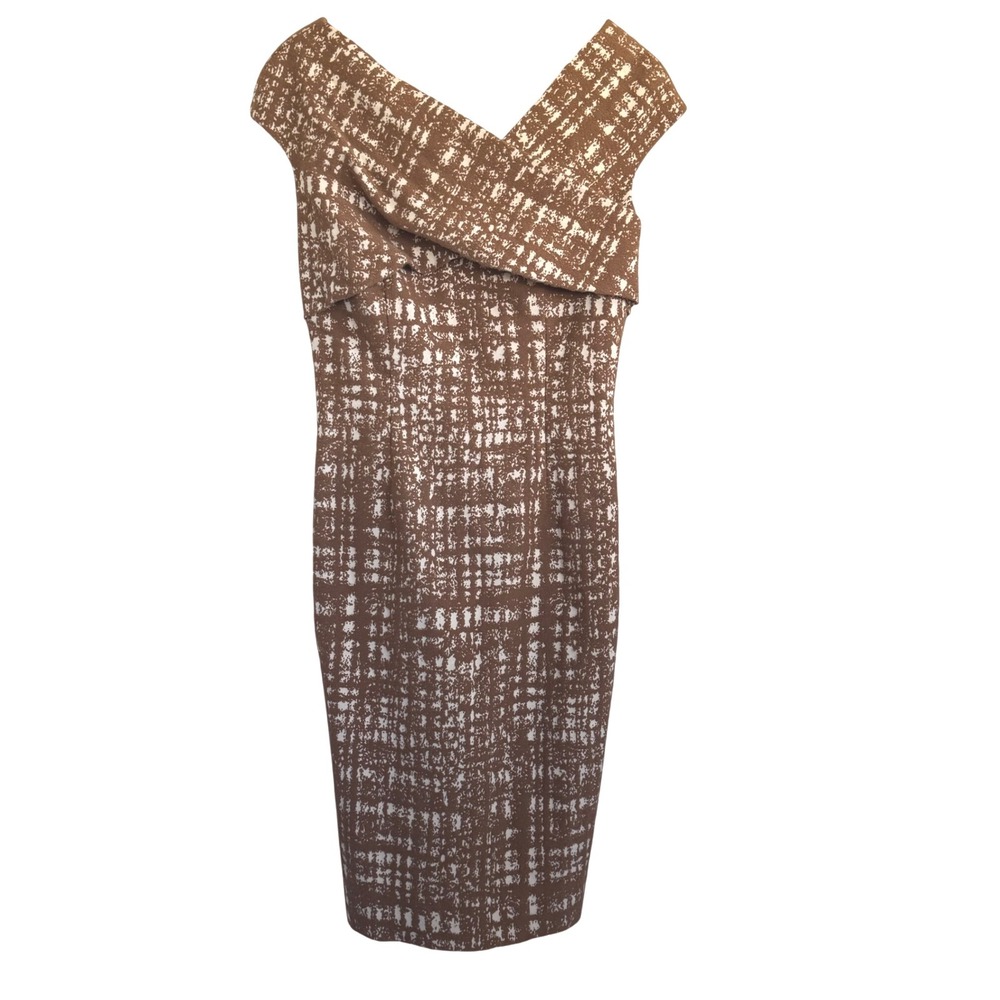 Lela Rose Women's Dress Brown White Plaid V Neck Sheath 50's Retro Wool Blend 8‎